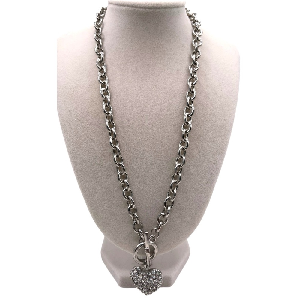 ❤️ Silver Rhinestone Heart Tag Toggle Necklace